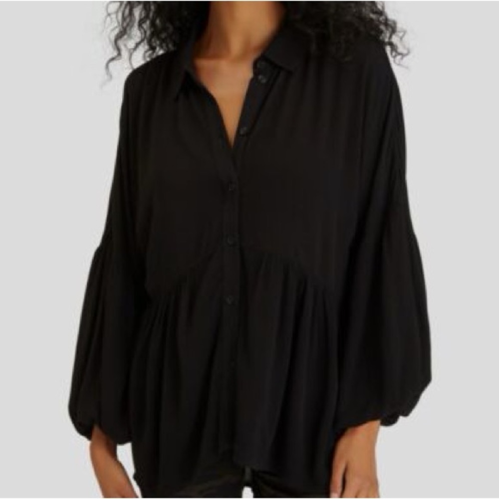Sanctuary Women’s “Unforgettable” Flowy Blouse Balloon‎ Sleeve Button Down Blk S